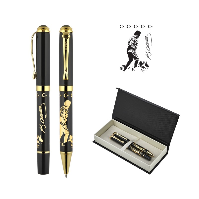 KP02123-0206 Kabartma Figürlü Metal Roller & Tükenmez Kalem Seti / Atatürk